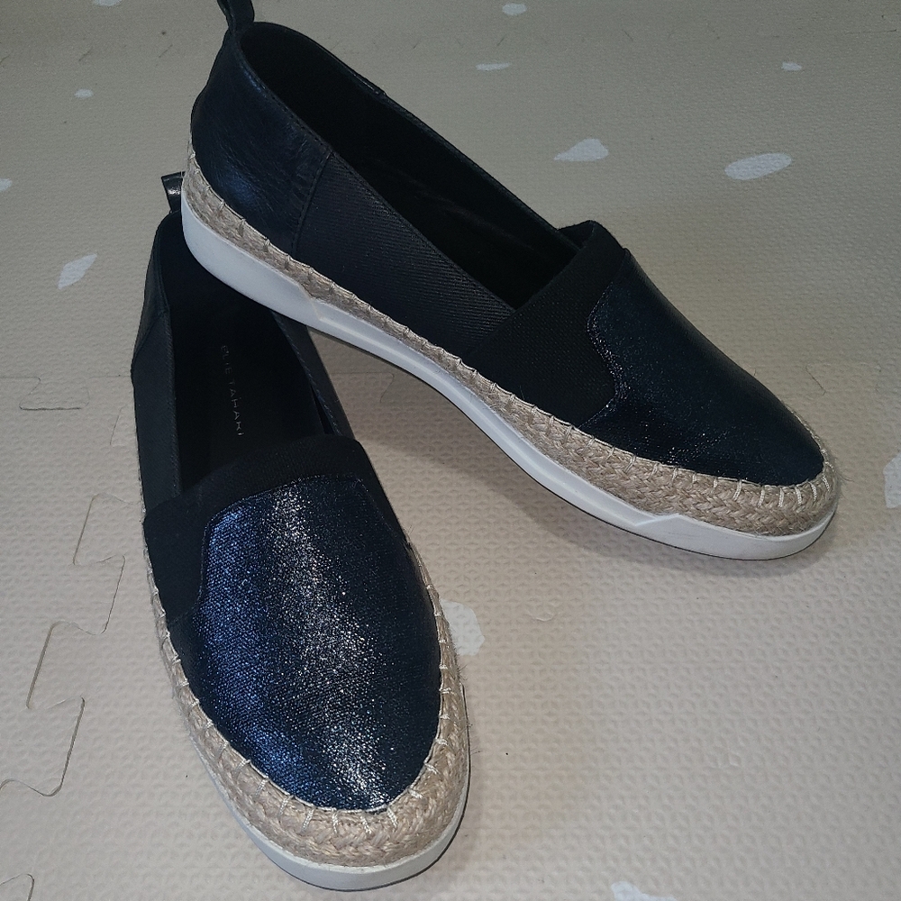 Elie Tahari Black and Tan Espadrille Slip-Ons